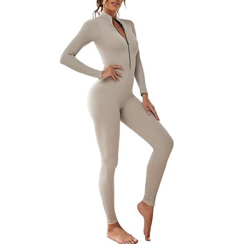 BFACCIA Strampler Yoga-Overall Einteiler Für Damen Lässig Einfarbig Figurbetont Einteilig Sexy Gerippter Reißverschluss Langarm-Body Workout Sport-Outfits Lauf-Fitness-Overall von BFACCIA