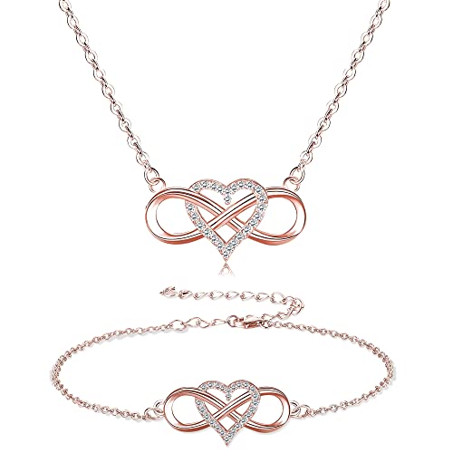 BFACCIA Halskette Armband Mädchen Damen Schmuckset Liebe Infinity Herz Unendlichkeit 14K Vergoldet Zirkonia Anhänger Halsketten Frauen Armkette Einstellbare Kettenlänge (Roségold) von BFACCIA