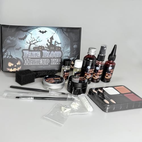 Kunstblut Halloween Schminke 16er,Halloween Schminke Erwachsene Kinder- 60ml+30ml Fake Blood + 30ml Blut Spray + 30g Blutcreme + 40g Narbenwachs für Vampir Zombie Wunden Narben Make Up von BFBYTAY