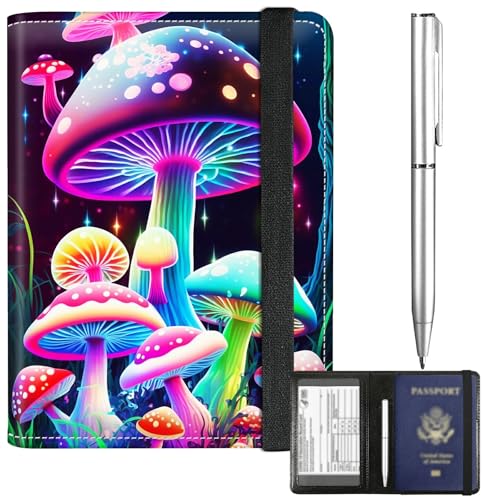BFDHGQZC Reisepass- und Impfkarten-Hülle, Kombi-Reisepasshülle für Reisen, PU-Leder, RFID-blockierend, Impfkartenschlitz-Abdeckung mit Gummiband und Stift für Damen und Herren, Wunderschöne Pilze von BFDHGQZC
