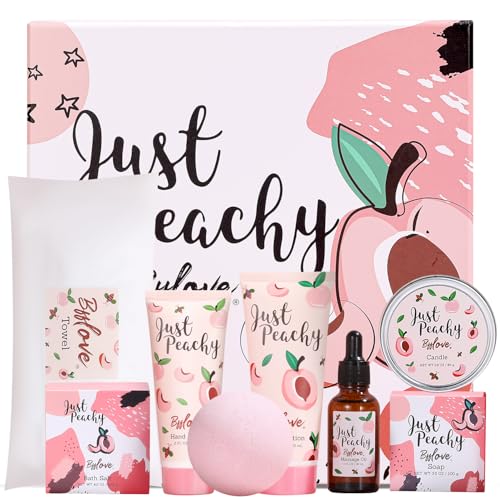 # BFFLOVE Geschenk Box für Frauen, Pfirsich Spa Geschenke für Freundin, 8PC Geburtstagsgeschenk Set enthalten Handtuch, Massage-Öl, Körperlotion, Kerze, Badesalz, Seife, Handlotion von # BFFLOVE