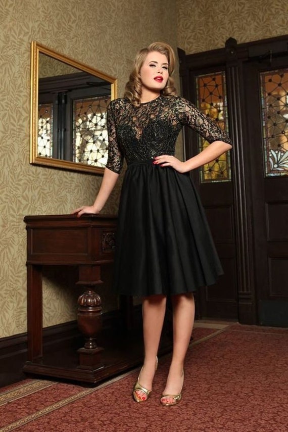 Sample One Of A Kind 150.00 Mid Century Couture Cocktails Abendkleid Klein Schwarz Satin Spitze 3/4 Ärmel Mod Sweetheart Noir Silvester von BFRretro