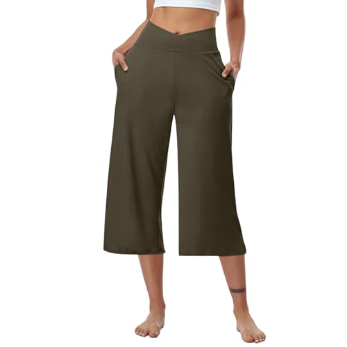 7/8 Hose Damen Sommer Weites Bein – Leichte V Cross High Waist Yogahose – Dünn Stretch Caprihose – Einfarbig 3/4 Hose mit Taschen von BFSWL