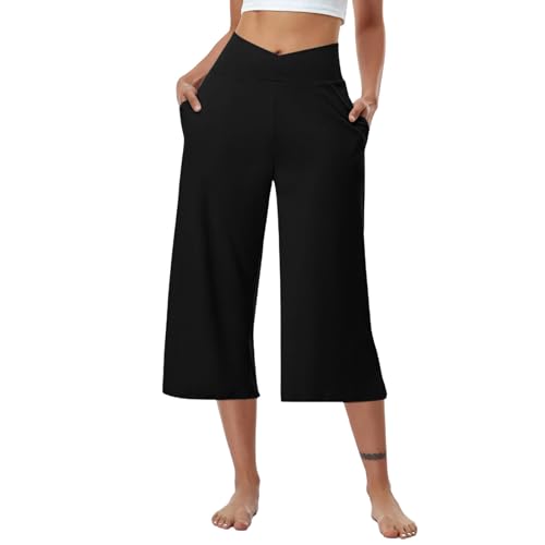 7/8 Hose Damen Sommer Weites Bein – Leichte V Cross High Waist Yogahose – Dünn Stretch Caprihose – Einfarbig 3/4 Hose mit Taschen von BFSWL