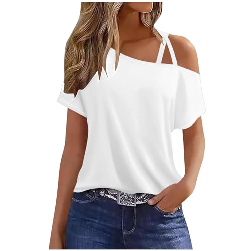 Angebote des Tages Heute T Shirt Damen Schulterfrei Tshirt Spaghettiträger T-Shirt Kurzarm Oberteile Sommer Lässig Bluse Modisch Strtch Tunika Fließend Pullover Shirt Locker Bequem von BFSWL