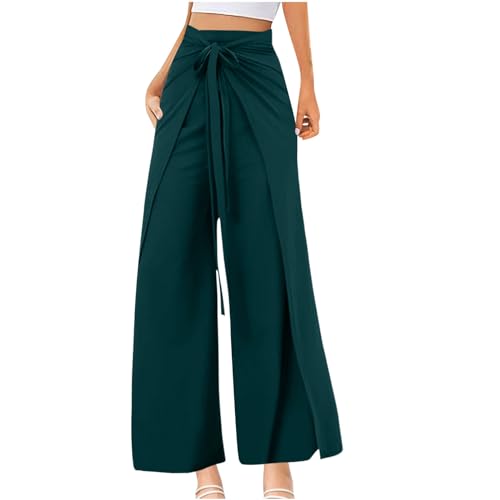 Angebote des Tages Heute Yogahose Damen Lang Weite Bein Hose Baggy Freizeithose mit Schlitz Elegant Wickelhose zum Binden Leicht High Waist Stoffhose Lockere Passform von BFSWL