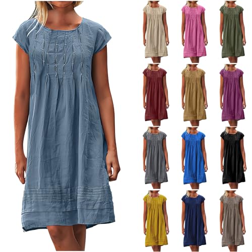 BFSWL Angebote des Tages Heute Musselin Kleid Damen Sommer Plissee Leinenkleid Große Größen Sommerkleid Kurzarm Leinen Tunika Kleid Freizeit Knielang Strandkleid Leichte Blusenkleid Einfarbig von BFSWL