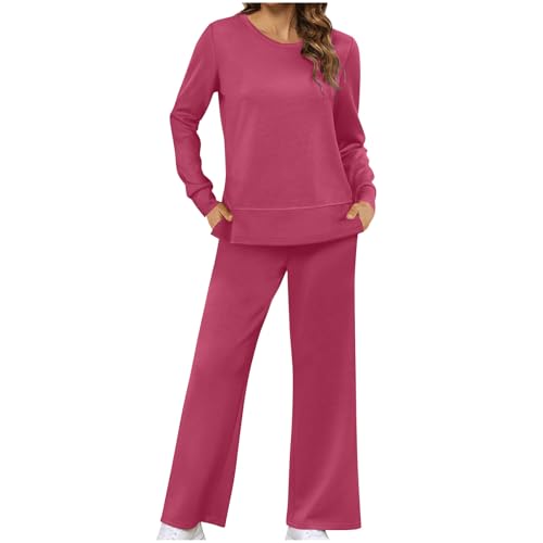 BFSWL Blitzangebote des Tages Hausanzug Damen Set Einfarbig Rundhals Freizeitanzug Langarmshirt Freizeithose 2 Stück Langarm Pullover + Palazzo Hose Zweiteiler Freizeit Jogginganzug von BFSWL