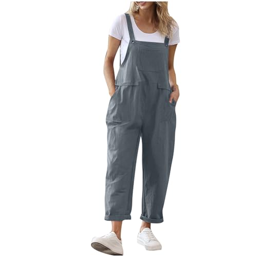 BFSWL Damen Overall Ärmellos aus Leinen-Baumwolle – Einfarbiger Sommer Jumpsuit mit Seitentaschen von BFSWL