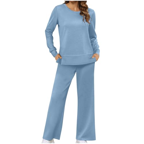 BFSWL Der Discounter Hausanzug Damen Set Einfarbig Rundhals Freizeitanzug Langarmshirt Freizeithose 2 Stück Langarm Pullover + Palazzo Hose Zweiteiler Freizeit Jogginganzug Trainingsanzug Alltag von BFSWL