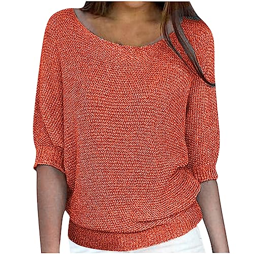 BFSWL Der Discounter Pullover Damen Elegant 3/4 Ärmel Oberteile Stretch Gestrick Strickpullover Einfarbig Rundhals Sweatshirt Plus Size Stricktop Locker Frauen Sweater Urlaub Tunika von BFSWL