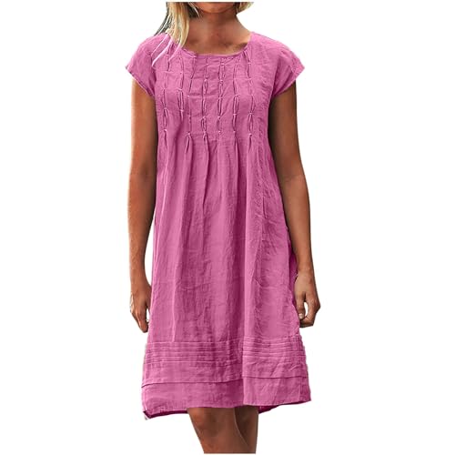 BFSWL Die Discounter Musselin Kleid Damen Sommer Plissee Leinenkleid Große Größen Sommerkleid Kurzarm Leinen Tunika Kleid Freizeit Knielang Strandkleid Leichte Blusenkleid Einfarbig von BFSWL