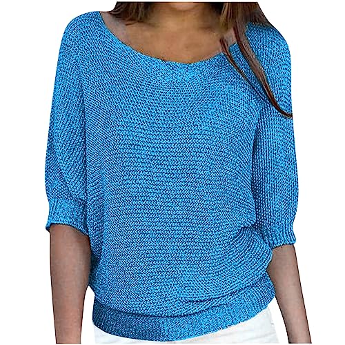 BFSWL Discounter Pullover Damen Elegant 3/4 Ärmel Oberteile Stretch Gestrick Strickpullover Einfarbig Rundhals Sweatshirt Plus Size Stricktop Locker Frauen Sweater Urlaub Tunika von BFSWL
