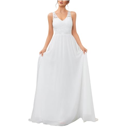 BFSWL Elegant Ärmellos Rückenfrei Hochzeitskleid Brautkleid Standesamt Kleid mit Schleppe Lang Spitzennähte Chiffon Brautkleider Weiß Brautabendkleid Brautmode von BFSWL