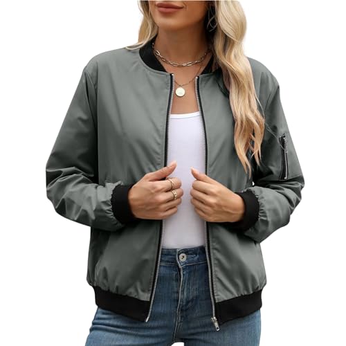 Fliegerjacke Damen Kurz – Dünne Wasserdicht Bomberjacke – Modisch Langarm Blouson Jacke – Casual Einfarbig Regenjacke von BFSWL