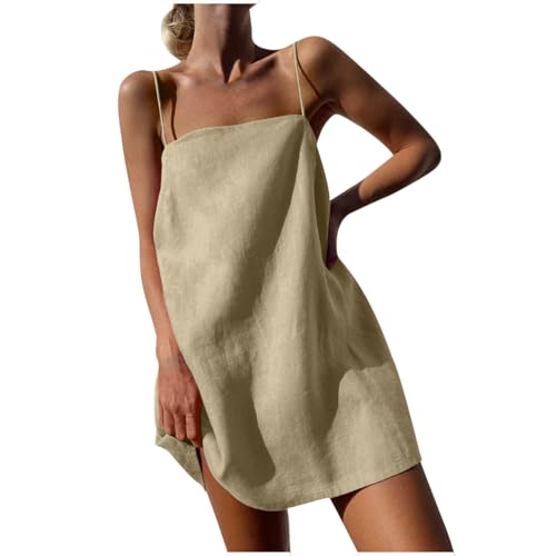 BFSWL Geschenke für Freundin Trägerkleid Damen Ärmellos Leinen Sommerkleid Schulterfrei Mini Leinenkleid Spaghetti Rückenfrei Strandkleid Einfarbig Knielang Minikleid Urlaub Sommer Kleid Strand von BFSWL