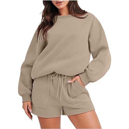 BFSWL Jogginganzug Damen Set Einfarbig Langarm Trainingsanzug Fleece Pullover Shorts Zweiteiler Freizeit Sweatshirt + Kurz Sporthose Winter Fleecepullover Hausanzug Freizeitanzug Tracksuit Sportanzug von BFSWL
