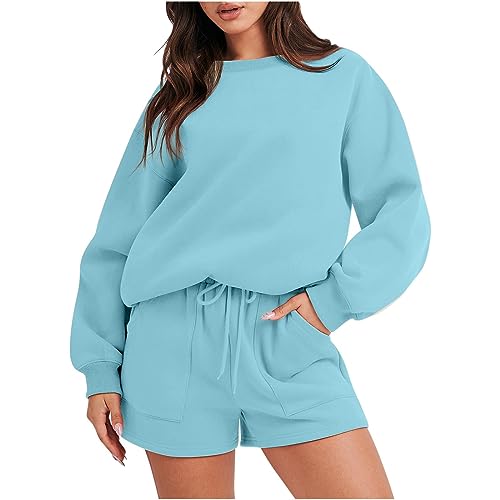 BFSWL Jogginganzug Damen Set Einfarbig Langarm Trainingsanzug Fleece Pullover Shorts Zweiteiler Freizeit Sweatshirt + Kurz Sporthose Winter Fleecepullover Hausanzug Freizeitanzug Tracksuit Sportanzug von BFSWL