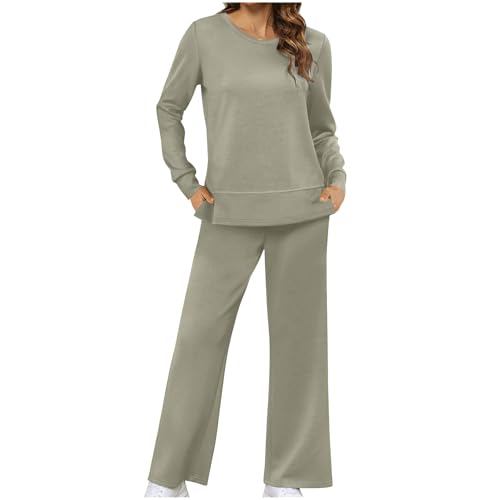 BFSWL Jugendweihe Geschenke Hausanzug Damen Set Einfarbig Rundhals Freizeitanzug Langarmshirt Freizeithose 2 Stück Langarm Pullover + Palazzo Hose Zweiteiler Freizeit Jogginganzug von BFSWL