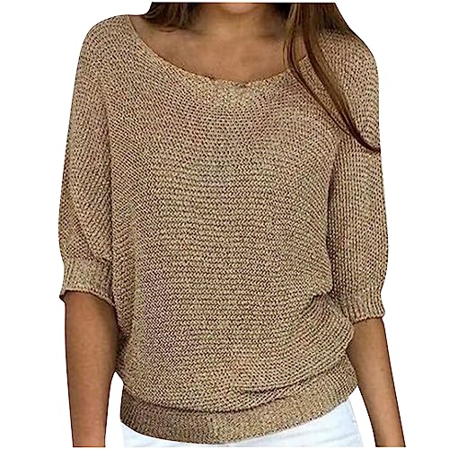 BFSWL Jugendweihe Geschenke Mädchen Pullover Damen Elegant 3/4 Ärmel Oberteile Stretch Gestrick Strickpullover Einfarbig Rundhals Sweatshirt Plus Size Stricktop Locker Frauen Sweater Urlaub Tunika von BFSWL