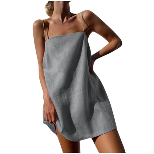 BFSWL Jugendweihe Geschenke Mädchen Trägerkleid Damen Ärmellos Leinen Sommerkleid Schulterfrei Mini Leinenkleid Spaghetti Rückenfrei Strandkleid Einfarbig Knielang Minikleid Urlaub Sommer von BFSWL