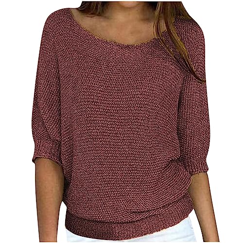 BFSWL Jugendweihe Geschenke Pullover Damen Elegant 3/4 Ärmel Oberteile Stretch Gestrick Strickpullover Einfarbig Rundhals Sweatshirt Plus Size Stricktop Locker Frauen Sweater Urlaub Tunika von BFSWL