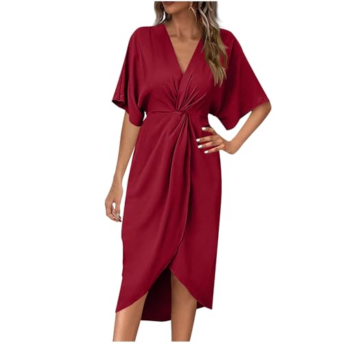 BFSWL Kleid Damen Elegant Kurzarm Sommerkleid mit Twist Knot Sommer Knielang Freizeitkleid Festliche V-Ausschnitt Partykleid von BFSWL