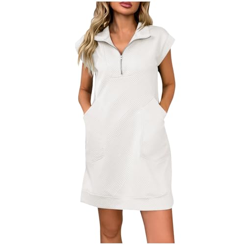 BFSWL Kleider Damen Sommer Kurz Polokleid Kurzarm Sommerkleid Einfarbig Freizeitkleid Revers Zipper Minikleid Tunika Kleid mit Taschen Freizeit Shirtkleid von BFSWL