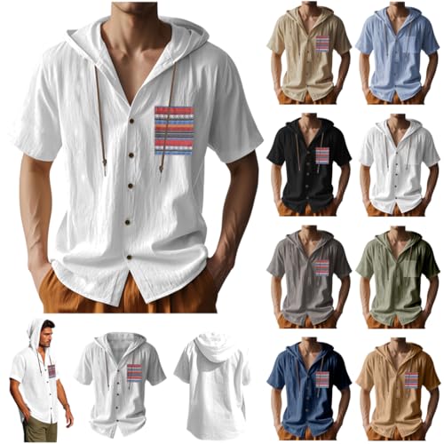 BFSWL Kurzarmhemd Herren Bügelfrei Hemd mit Kapuze Sommer Kurzarm Leinenhemd Urlaub Hawaii Hemd Männer Musselin Sommerhemd Baumwolle Leinen Kapuzenhemd Einfarbig Freizeithemd Herrenhemd Sommer 2025 von BFSWL
