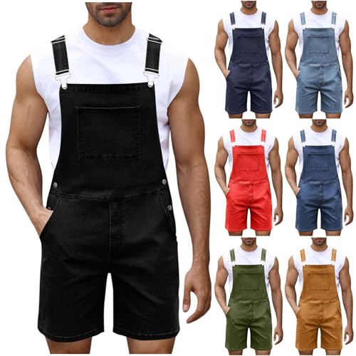 BFSWL Latzhose Herren Kurz Jeans – Sommer Stretch Denim Overall – Casual Einfarbig Jumpsuit – Verstellbare Rompers Jeans Shorts von BFSWL