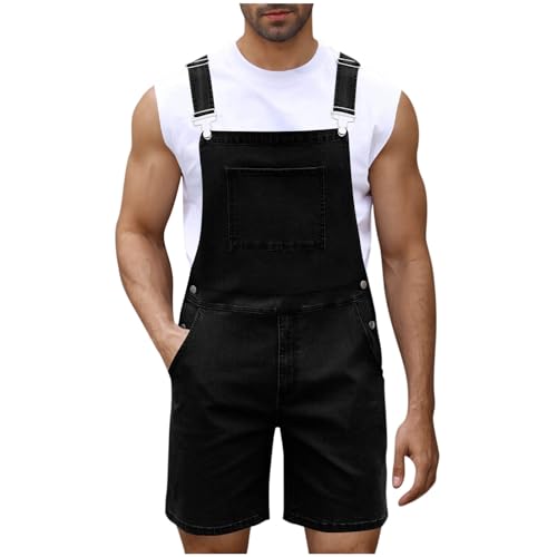 BFSWL Latzhose Herren Kurz Jeans – Sommer Stretch Denim Overall – Casual Einfarbig Jumpsuit – Verstellbare Rompers Jeans Shorts von BFSWL