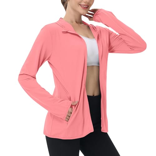 BFSWL Laufjacke Damen Sommer mit Kapuze UV-Schutz Langarm Sommerjacke Outdoor Sun Hoodie Sonnenschutz Sport Jacke Einfarbig Freizeitjacke Atmungsaktiv Sportjacke Leicht Sonnenschutzjacke Sportshirt von BFSWL