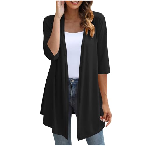 BFSWL Leichte Strickjacke Damen Sommer Lang – Weit Geschnitten 3/4 Ärmel Cardigan – Freizeit Ohne Knöpfe Übergangsjacke von BFSWL