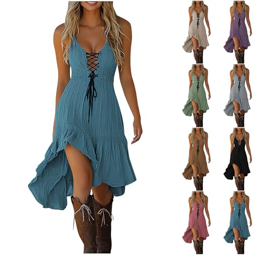 BFSWL Midikleid Damen Elegant Elastische Taille Tank Kleid Mittelalter Kleid mit Unregelmäßiger Saum Cosplay Knielang Korsett Partykleid Ärmellos Sommerkleid mit Schnürung von BFSWL