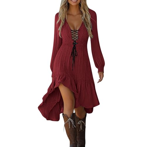 BFSWL Party Kleider Damen Elegant Midi Langarm Gothic Kleid mit Unregelmäßiger Saum von BFSWL