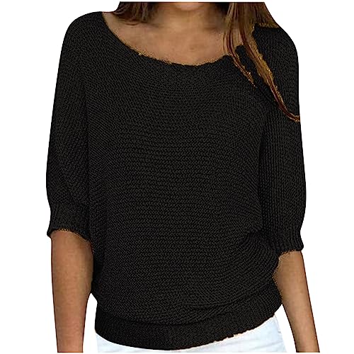 BFSWL Prime to Day 2024 Angebote Pullover Damen Elegant 3/4 Ärmel Oberteile Stretch Gestrick Strickpullover Einfarbig Rundhals Sweatshirt Plus Size Stricktop Locker Frauen Sweater Urlaub Tunika von BFSWL