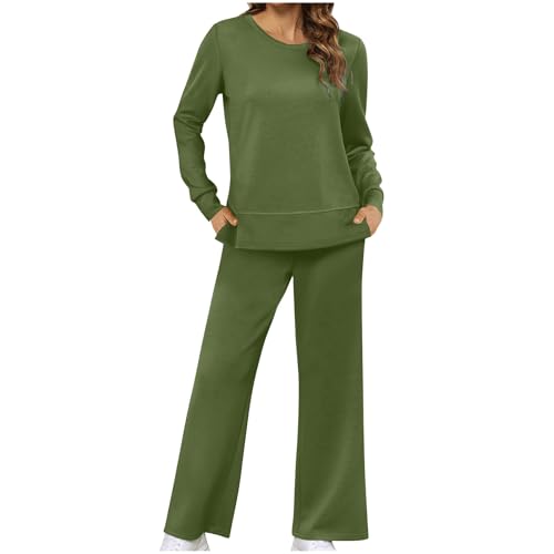 BFSWL Prime to Day 2024 Wann Hausanzug Damen Set Einfarbig Rundhals Freizeitanzug Langarmshirt Freizeithose 2 Stück Langarm Pullover + Palazzo Hose Zweiteiler Freizeit Jogginganzug von BFSWL