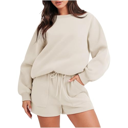 BFSWL Prime to Day Angebote 2024 Jogginganzug Damen Set Einfarbig Langarm Trainingsanzug Fleece Pullover Shorts Zweiteiler Freizeit Sweatshirt + Kurz Sporthose Winter Fleecepullover von BFSWL