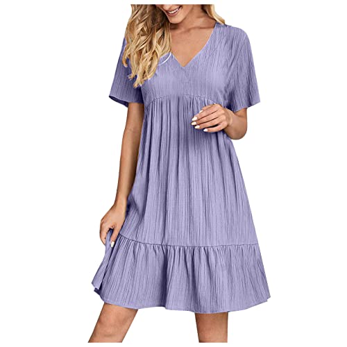 BFSWL Sommerkleid Damen Knielang Strandkleid Kurzarm Gestuftes Kleid V-Ausschnitt Freizeitkleid Sommer Plissee Minikleid Einfarbig Rüschen Kleid Leichte Hohe Taille Sommerkleid von BFSWL