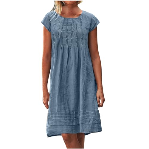 BFSWL Taufgeschenke für Mädchen Musselin Kleid Damen Sommer Plissee Leinenkleid Große Größen Sommerkleid Kurzarm Leinen Tunika Kleid Freizeit Knielang Strandkleid Leichte Blusenkleid Einfarbig von BFSWL