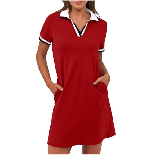 Tenniskleid Damen Freizeit Sommerkleid Kurzarm Tennis Polokleid Sommer Knielang Golfkleid Einfarbig Sportkleid mit Taschen Outdoor Freizeitkleid Für Sport Tennis Golf Baseball von BFSWL
