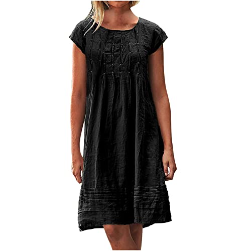 BFSWL The Holiday Musselin Kleid Damen Sommer Plissee Leinenkleid Große Größen Sommerkleid Kurzarm Leinen Tunika Kleid Freizeit Knielang Strandkleid Leichte Blusenkleid Einfarbig von BFSWL