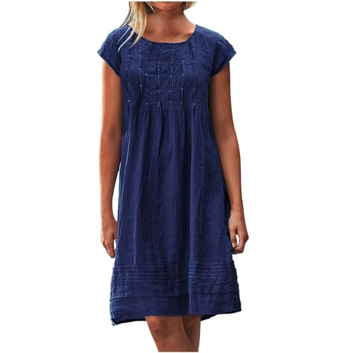 BFSWL The Summer I Turned Pretty Musselin Kleid Damen Sommer Plissee Leinenkleid Große Größen Sommerkleid Kurzarm Leinen Tunika Kleid Freizeit Knielang Strandkleid Leichte Blusenkleid Einfarbig von BFSWL