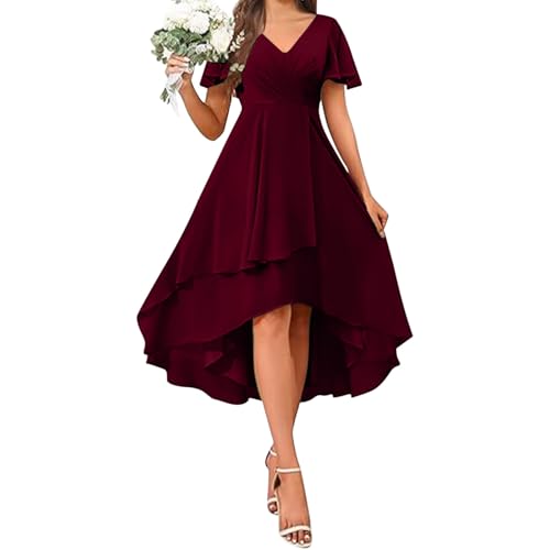 BFSWL Wickelkleid Damen Elegant Chiffon – Hochzeit Brautjungfernkleider mit Rüschen Kurzarm – V-Ausschnitt Abendkleid Vorne Kurz Hinten Lang von BFSWL