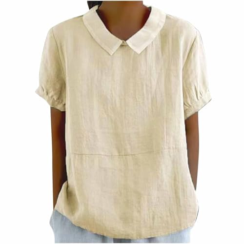 Blitzangebote des Tages Musselin Bluse Damen Sommer Bubikragen Shirt Süßes Kurzarm Oberteile Atmungsaktiv Leinenbluse Baumwolle Leinen Tunika Einfarbig Patchwork Blusenshirt Hemdbluse Trend von BFSWL