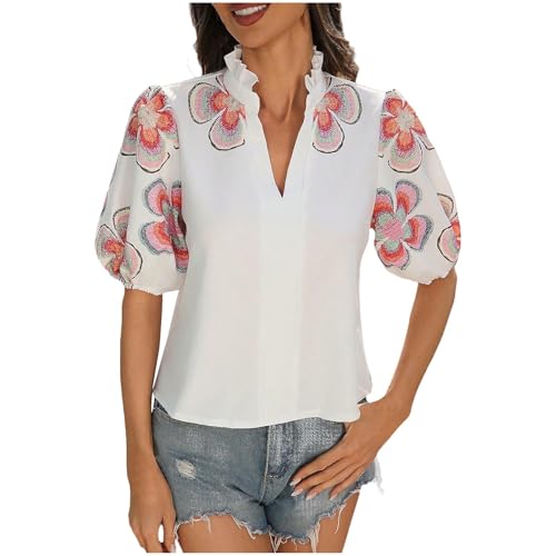Bluse Damen Elegant Puffärmel Blusenshirt V-Ausschnitt Sommerbluse mit Blumen Muster Sommer Kurzarm Damenbluse Bluse Damen Elegant Puffärmel Blusenshirt V-Ausschnitt Sommerbluse mit Blumen Muster Sommer Kurzarm Damenbluse von BFSWL
