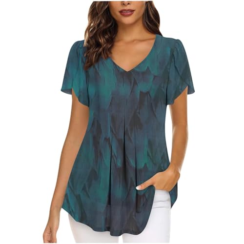 Bluse Damen V-Ausschnitt Plissee Tunika Blütenblatt Kurzarm Longbluse Elegant Chiffon Sommebluse Ausgefallene Sommer Oberteile Leichte Einfarbig Damenbluse von BFSWL