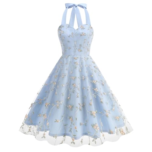 Cocktailkleid Damen Elegant Neckholder 50er Jahre Kleid Ärmellos Abendkleid mit Blumen Stickerei A-Linie Swing Rockabilly Kleider Festliche Party Ballkleid von BFSWL