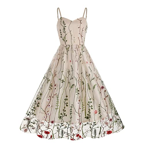 Cocktailkleid Damen Elegant Tüllkleid mit Stickerei Muster Spaghetti Rockabilly Kleid Festliche A Linien Abendkleid Sommer Swing Mesh Midikleid von BFSWL