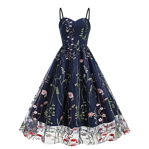 Cocktailkleid Damen Elegant Tüllkleid mit Stickerei Muster Spaghetti Rockabilly Kleid Festliche A Linien Abendkleid Sommer Swing Mesh Midikleid Cocktailkleid Damen Elegant Tüllkleid mit Stickerei Muster Spaghetti Rockabilly Kleid Festliche A Linien Abendkleid Sommer Swing Mesh Midikleid von BFSWL
